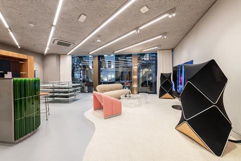 Interior of Bang & Olufsen’s New Bond Street store, showing television and speakers on display